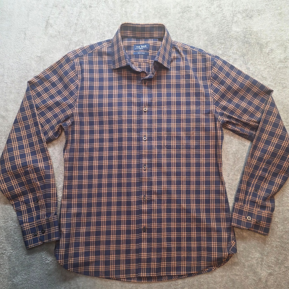 The Tie Bar Dress Shirt Mens 15.5 32/33 Blue Plaid Non Iron Trim Fit Button Down